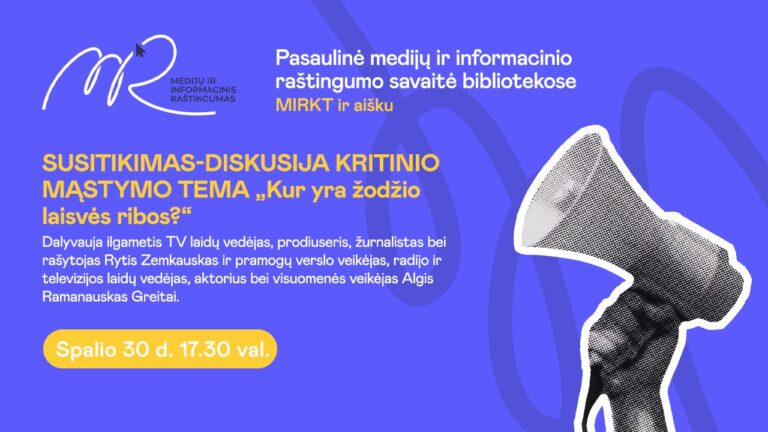 Renginio pavadinimas ir mikrofoną laikanti ranka violetiniame fone