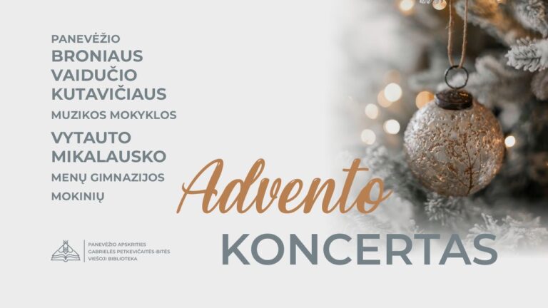 Užrašas Advento koncertas ir žaisliukas ant eglutės baltame fone