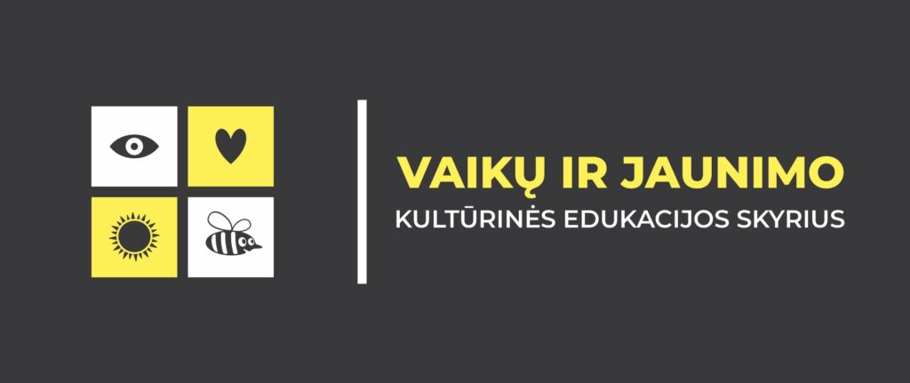 Keturi paveiksliukai kvadratukai ir užrašas Vaikų ir jaunimo kultūrinės edukacijos skyrius