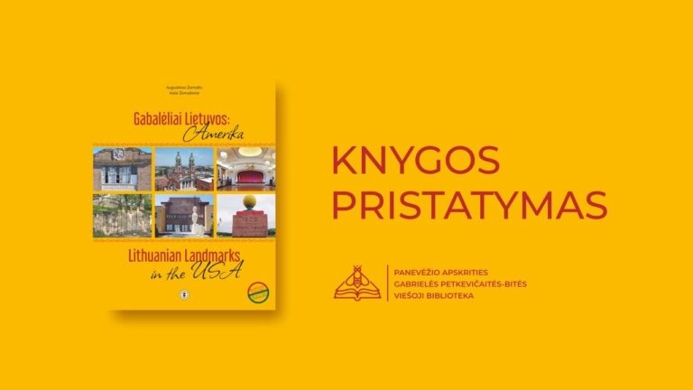 Ryškia geltoname fone knygos viršelis, užrašas knygos pristatymas ir bibliotekos logotipas