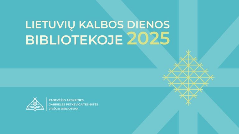 Žydrame fone užrašas Lietuvių kalbos dienos bibliotekoje 2025 ir renginio logotipas