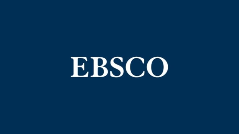 Užrašas EBSCO tamsiai mėlyname fone